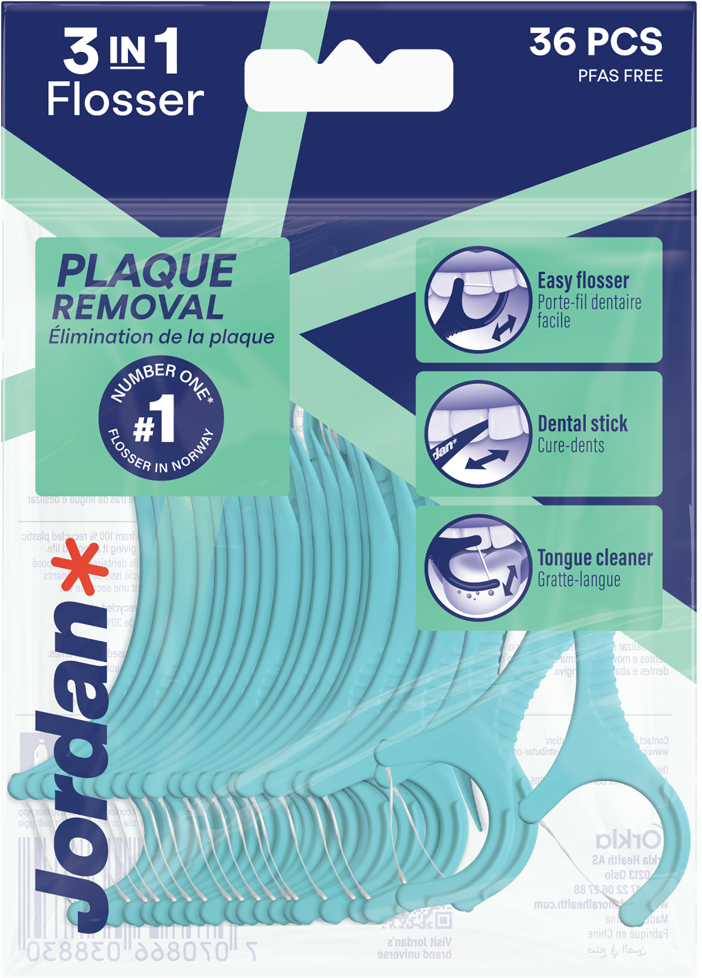 Jordan Flosser 3-in-1 dental floss and interdental cleaner with 50 pieces, including 14 free, for effective oral hygiene.