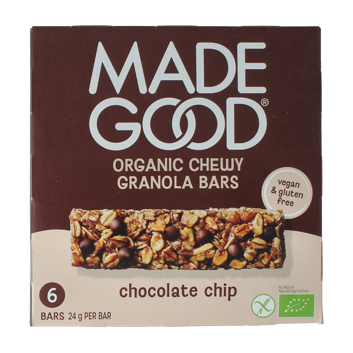 Made Good chocolate chip granola bar, 24g, organic, with visible chocolate chips, packaged in a clear wrapper.