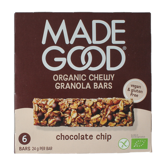 Made Good chocolate chip granola bar, 24g, organic, with visible chocolate chips, packaged in a clear wrapper.