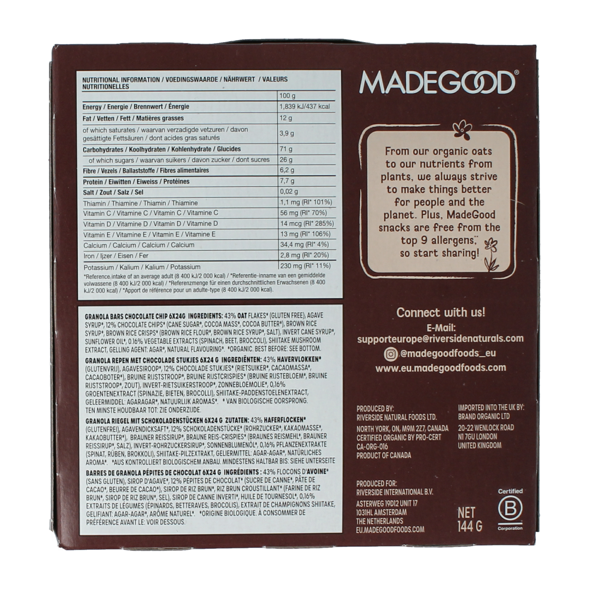 Made Good chocolate chip granola bar with 24g, bio, 6-pack, showcasing the chocolate chip-filled bar in a natural setting.