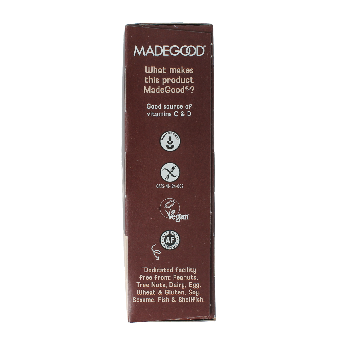 Made Good chocolate chip granola bar, 24g bio snack with chocolate chips, shown in packaging with bars inside.