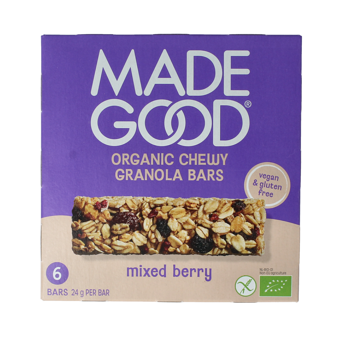 Made Good mixed berries granola bar, gluten-free snack with 24g, displayed in a package of six, for chips and zoutjes category.