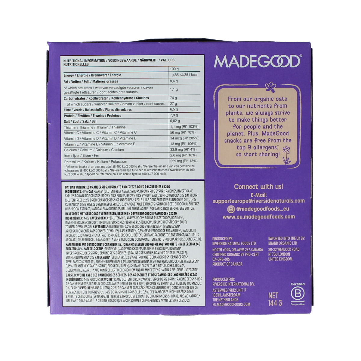 Made Good granola bar with mixed berries, 24g, organic, placed on a white surface, showing the packaged snack.