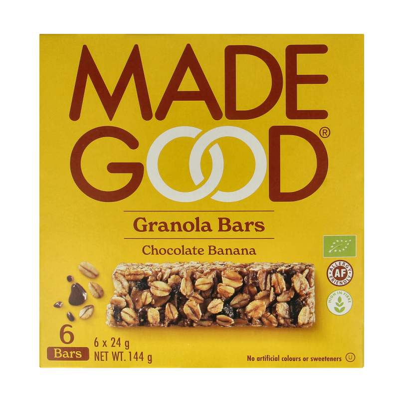 Made Good chocolate banana granola bar, 24g, organic, pack of 6, with visible chocolate and banana pieces, for a nutritious snack.