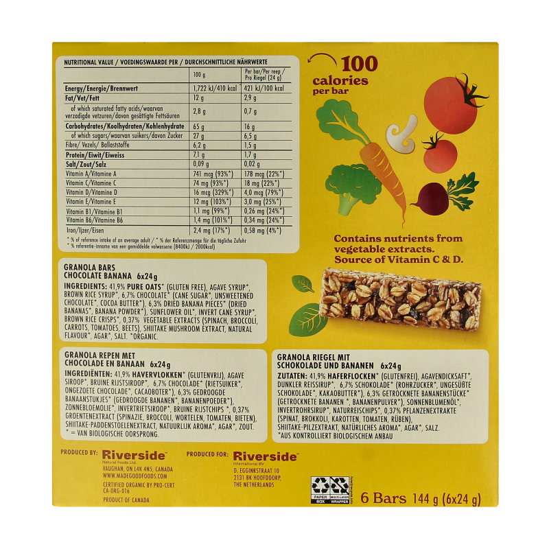 Made Good chocolate banana granola bar in a package, 24 grams, 6 pieces, gluten-free, snack chips and zoutjes.