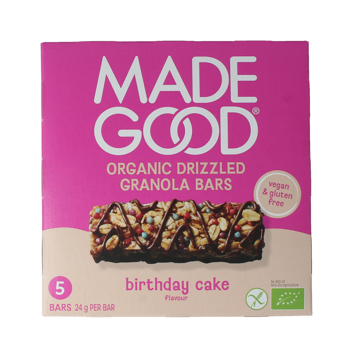 MadeGood birthday cake granola bars, organic snack bars, 5-pack, perfect for on-the-go snacks and quick energy boosts.