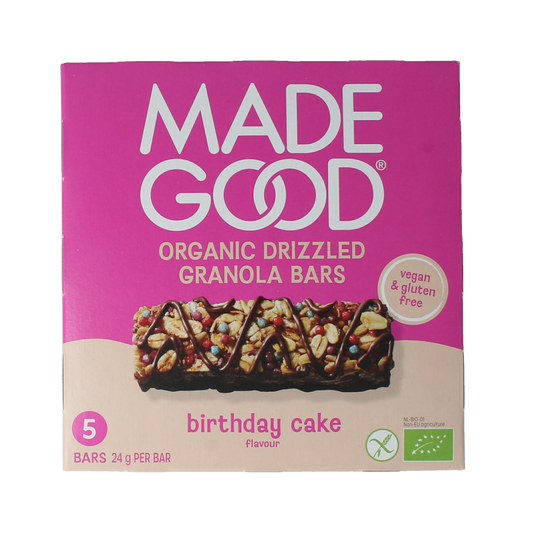 MadeGood birthday cake granola bars, organic snack bars, 5-pack, perfect for on-the-go snacks and quick energy boosts.