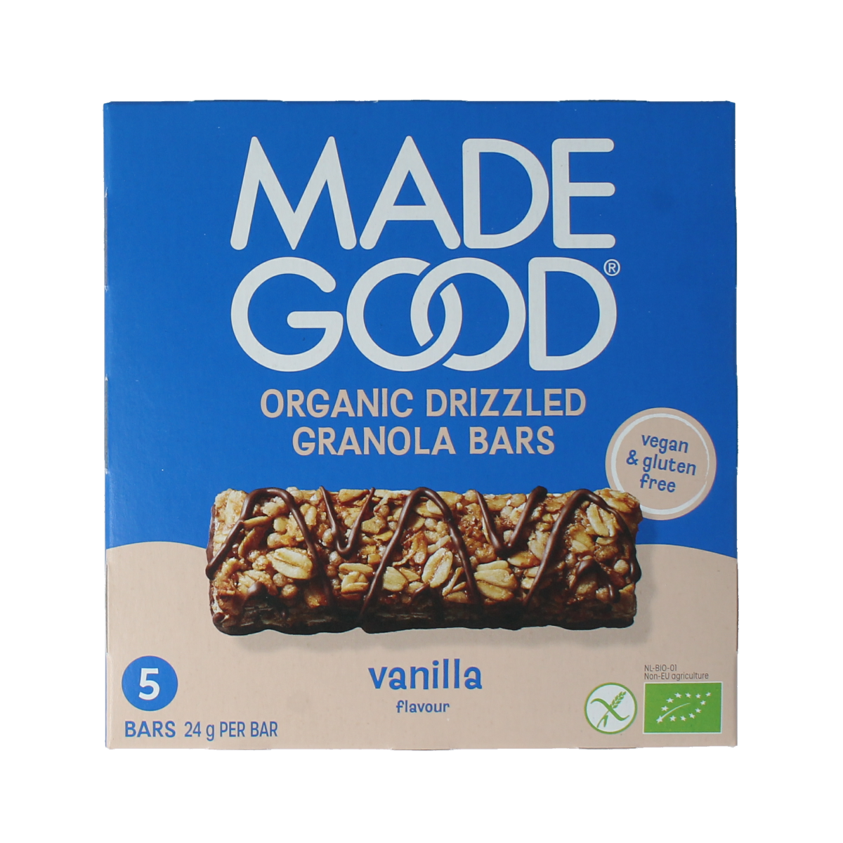 MadeGood vanilla granola bars, organic snack packs, 5-count box, crispy and sweet, perfect for quick healthy snacks.