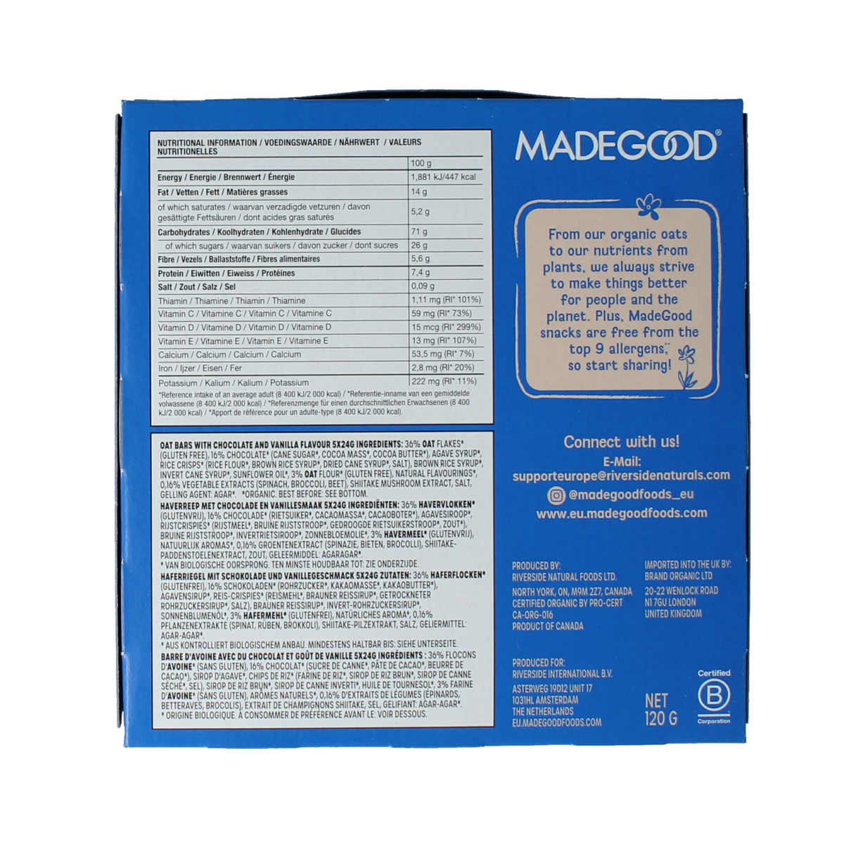 MadeGood vanilla granola bars in a pack of five, healthy snack and lunchbox option, with natural ingredients and bio certification.