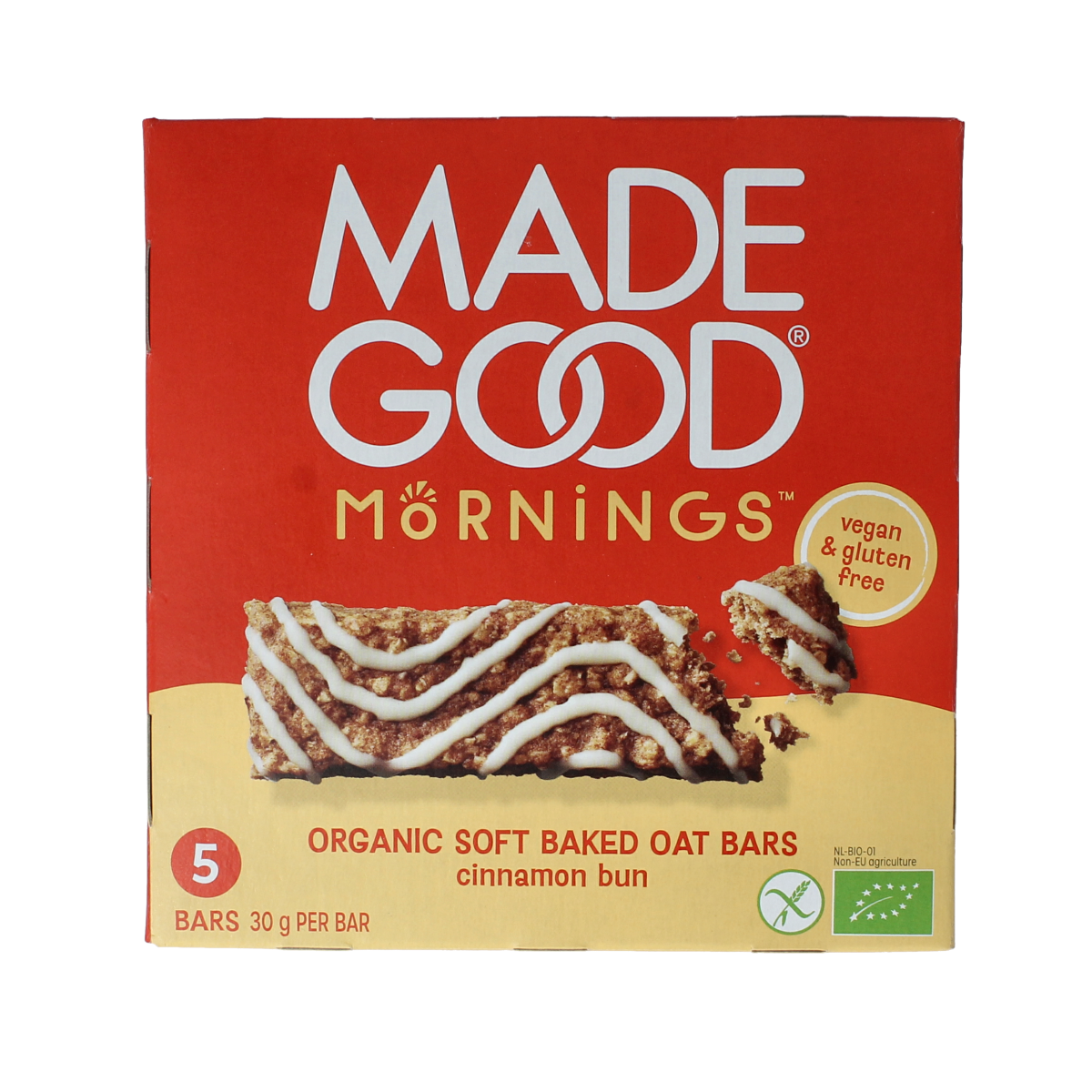 Made Good Morning Bar Cinnamon Bun organic snack with five pieces, showing the bar's cinnamon bun flavor and packaging.