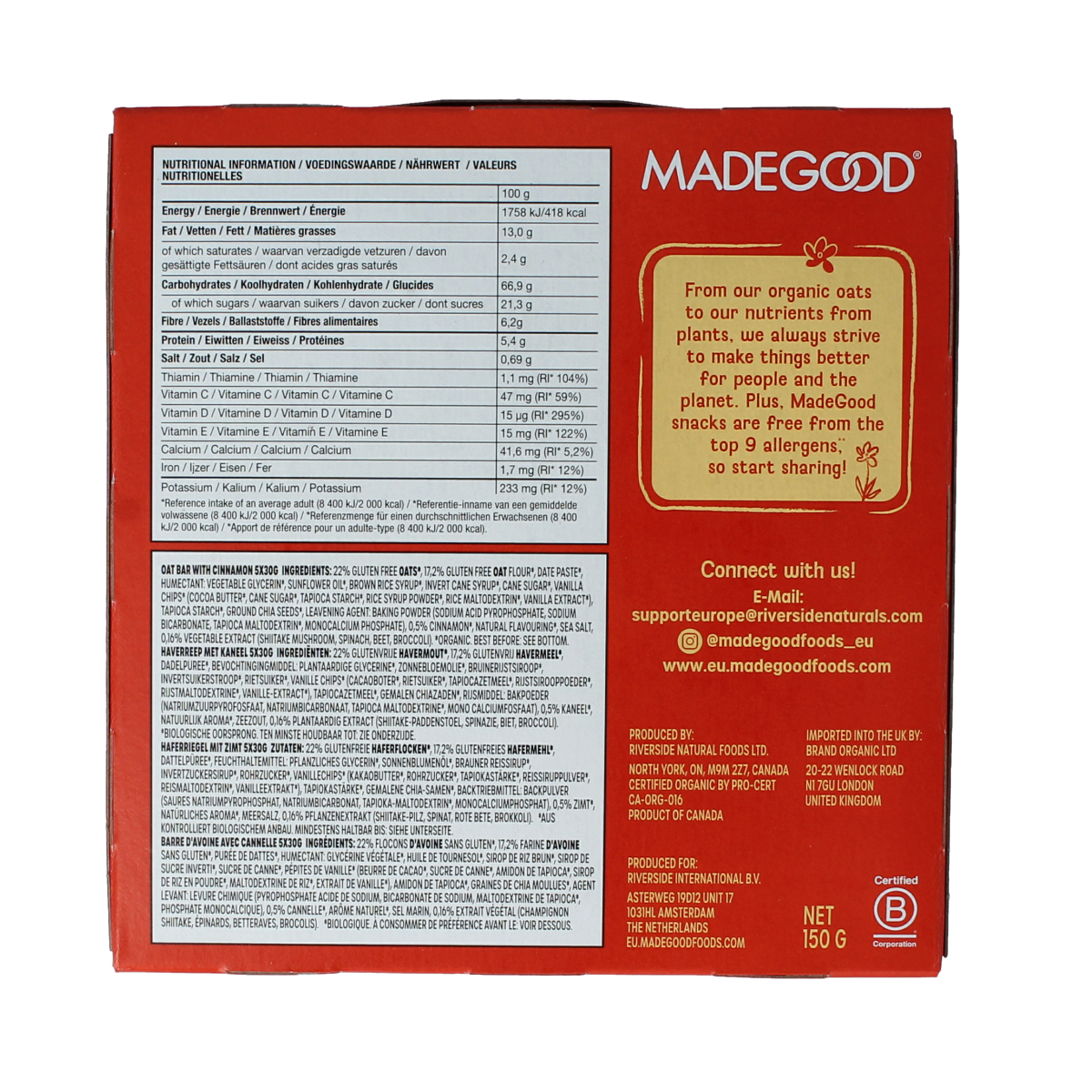 Made Good Morning Bar cinnamon bun bio, a snack bar with cinnamon flavor, shown in a close-up image.