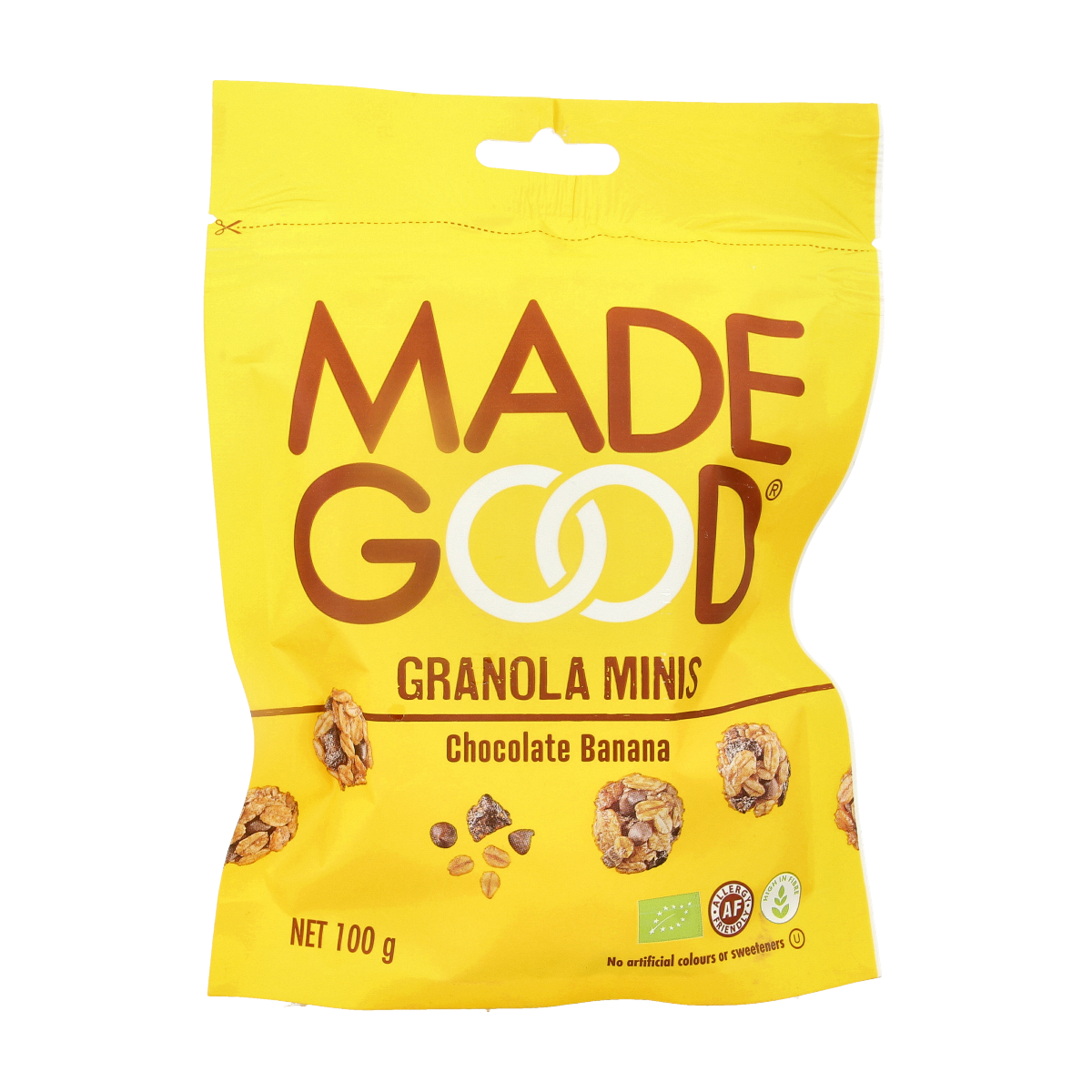 Made Good Granola Minis Chocolate Banana bio snack in 100g package, showing mini granola bars with chocolate and banana flavor.