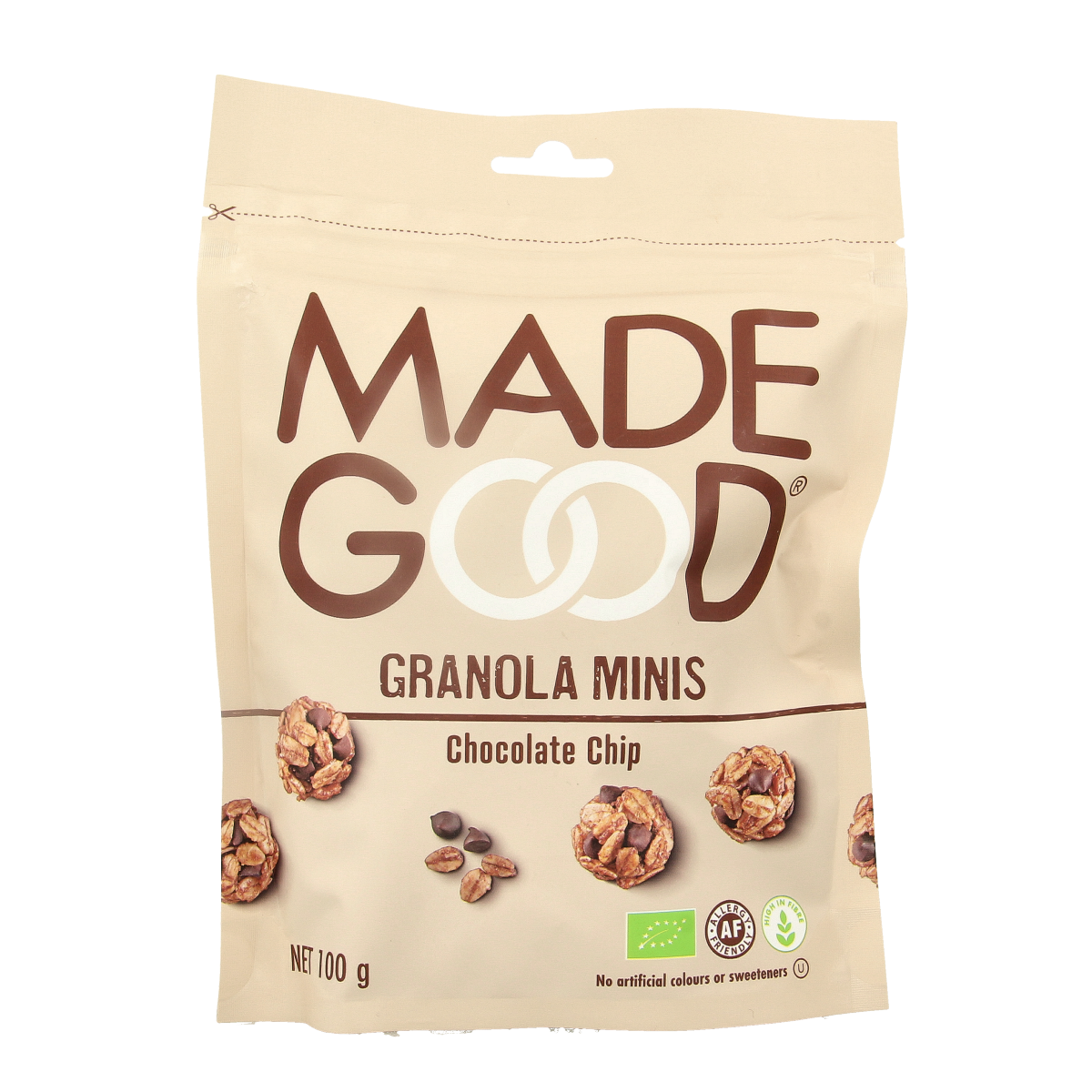 Made Good chocolate chip granola minis snack package, organic gluten-free snack in a 100g bag with colorful branding and mini granola pieces.