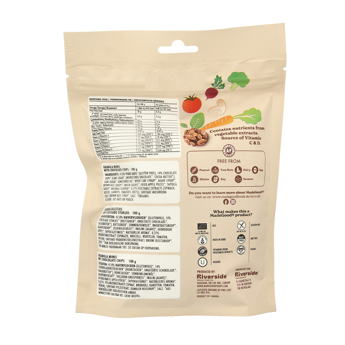 Made Good Granola Minis Chocolate Chip organic snack in a 100g package, featuring crunchy granola with chocolate chips.