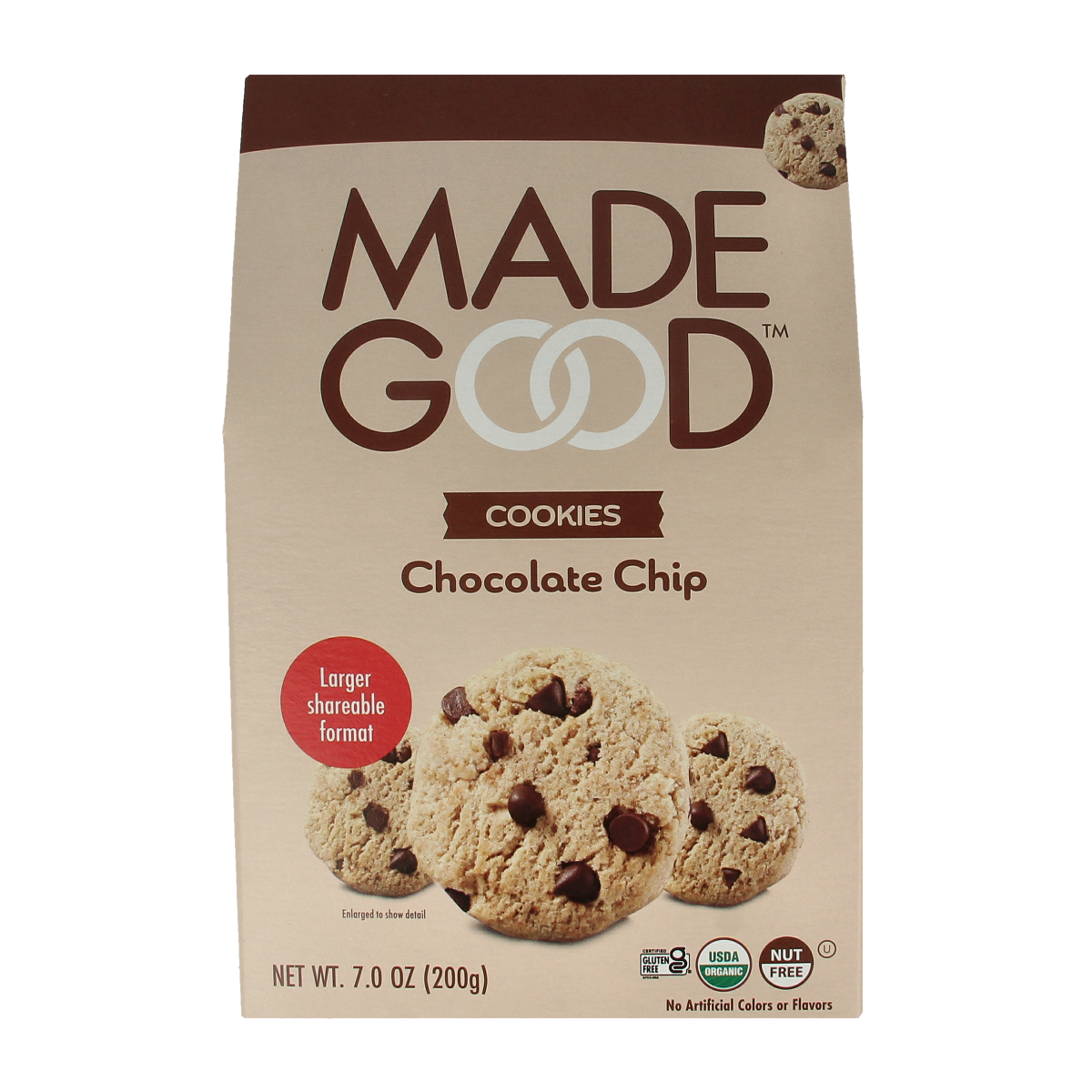 Made Good crunchy chocolate chip cookies, organic koeken, 200g package, crispy and tasty snack with visible chocolate chips.
