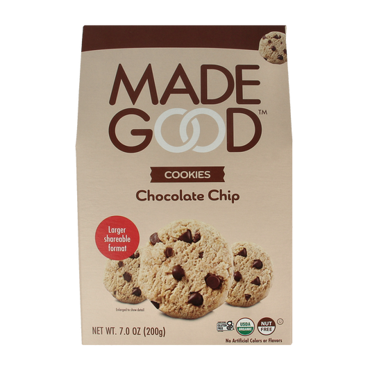 Made Good crunchy chocolate chip cookies, organic koeken, 200g package, crispy and tasty snack with visible chocolate chips.