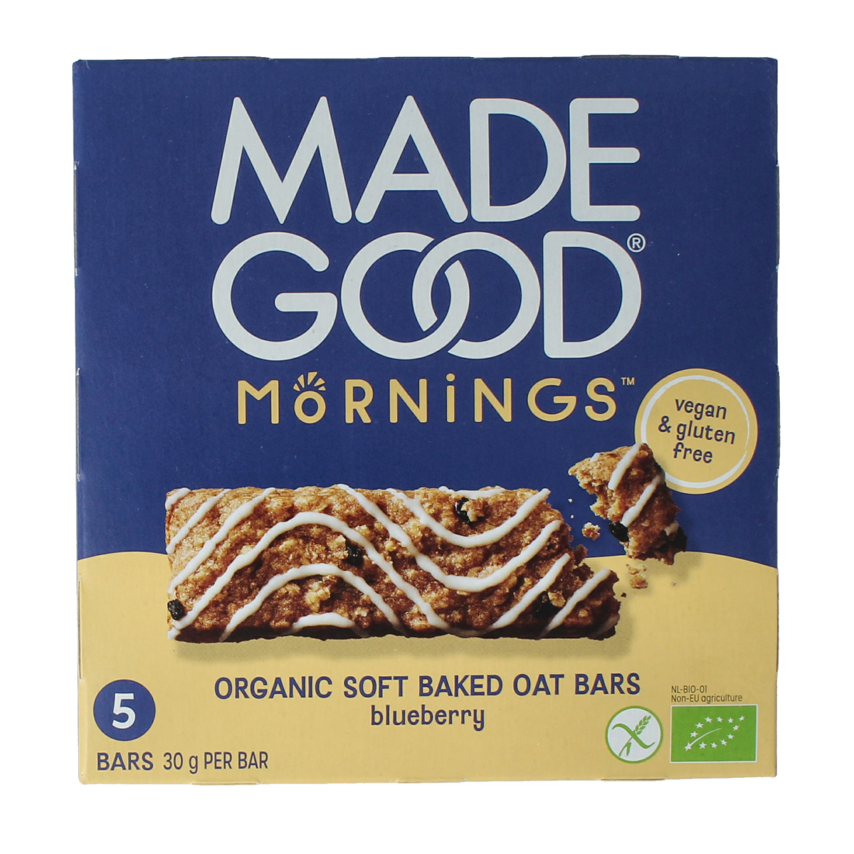 MadeGood blueberry breakfast bar showing a package of five organic snack bars with blueberry flavor and branding.