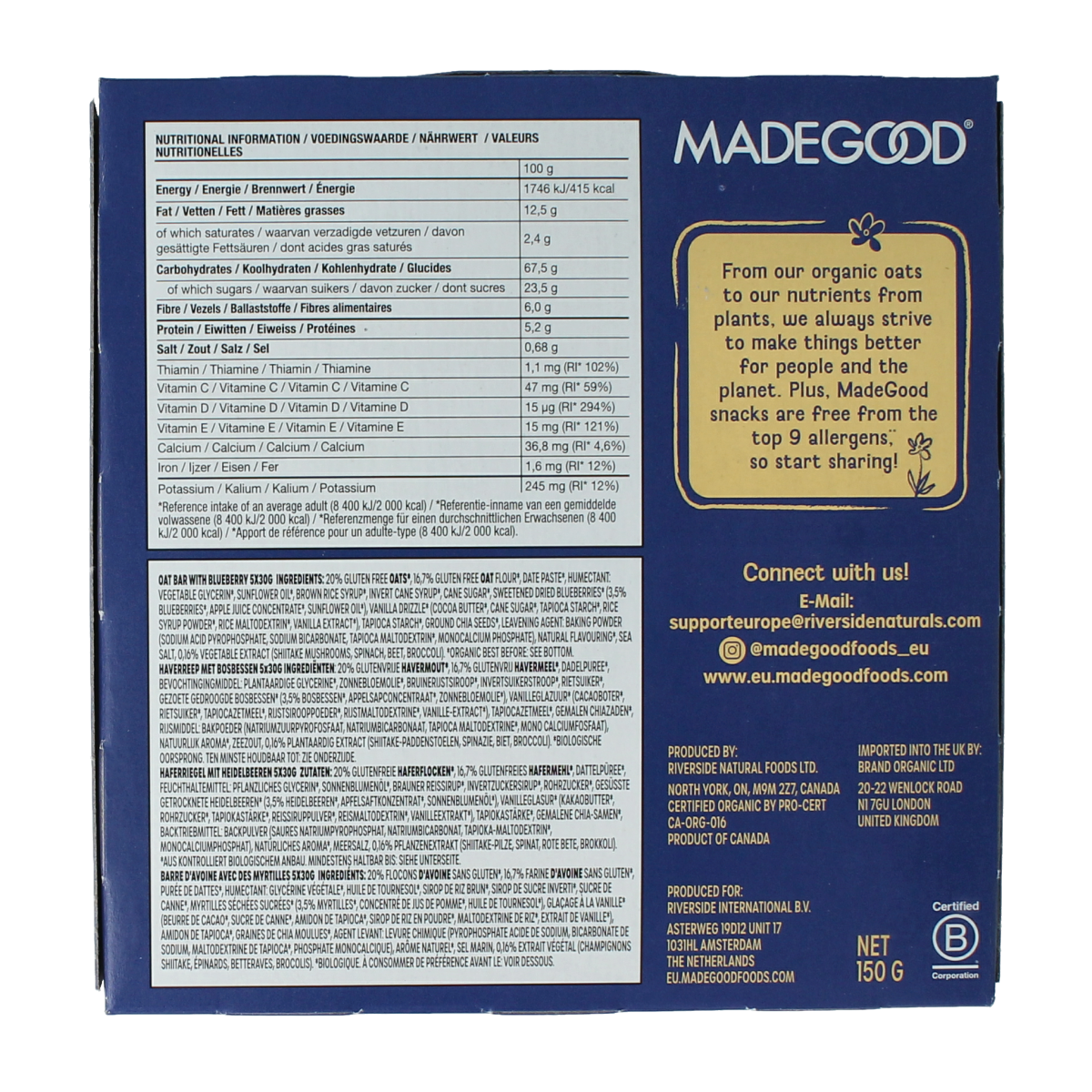MadeGood blueberry Mornings snack bar with organic blueberries, showing the packaged bar on a white background.