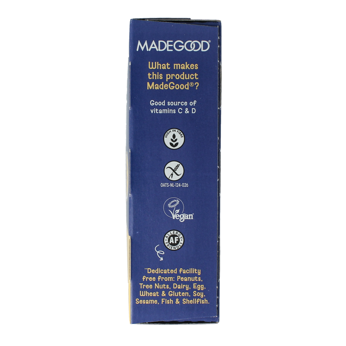 MadeGood Blueberry Mornings snack bar with organic blueberries, healthy gluten-free snack, shown with packaged bar.