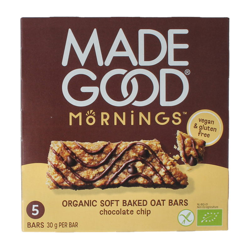 MadeGood Mornings chocolate chip snack bars, organic, displayed in a group of five on a neutral background.