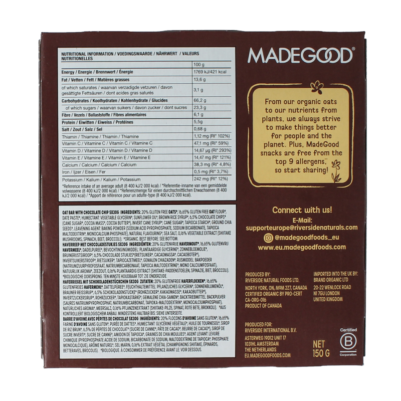 MadeGood Mornings chocolate chip bio snack bars, set of 5, showing the packaging with chocolate chip visuals.