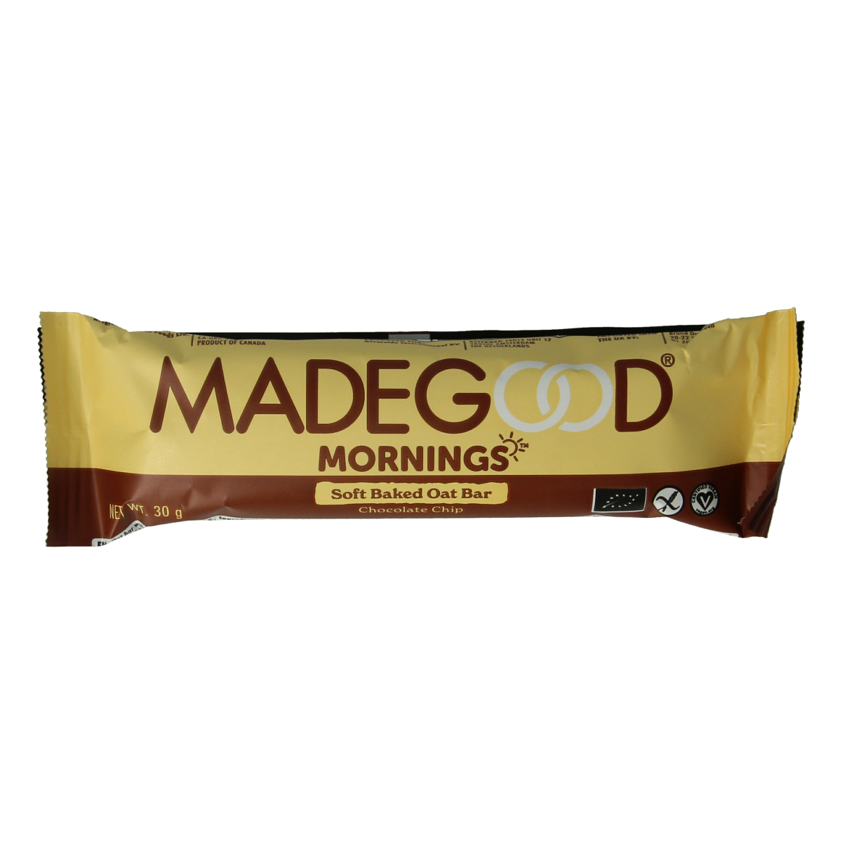 Made Good Morning Bar with chocolate chips, organic snack bar, 30g, healthy gluten-free snack in a colorful wrapper