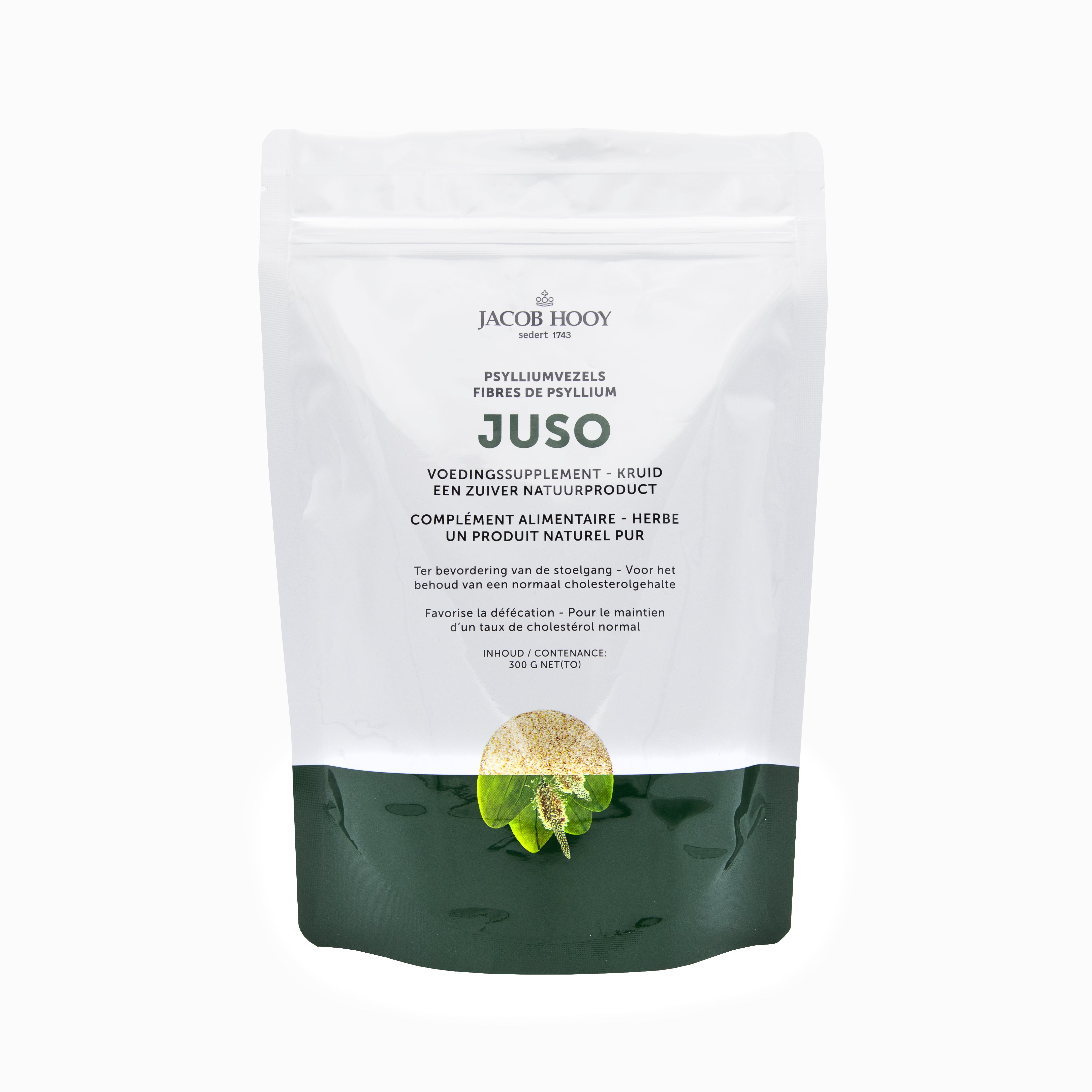 Jacob Hooy Juso psyllium hulpvezels in a 300g package, natural herbal supplement for digestive health.