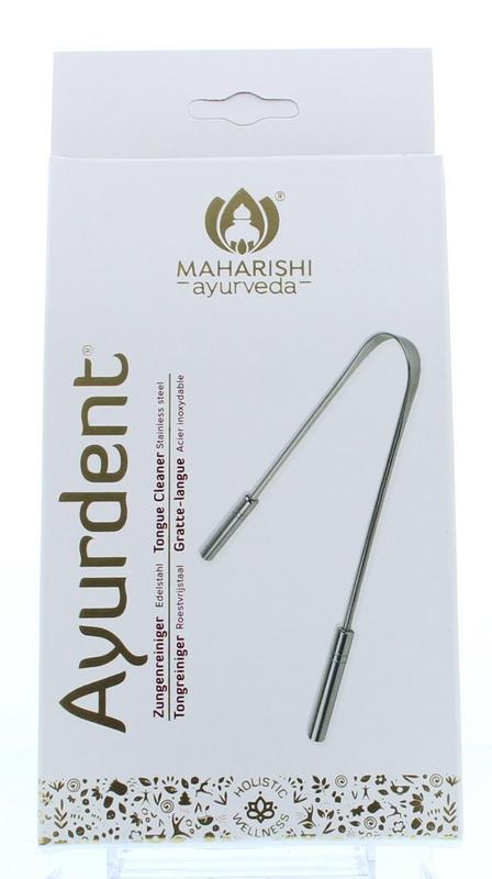 Maharishi Ayurv Tongschraper in roestvrij staal for oral hygiene and dental cleaning, shown in the image.