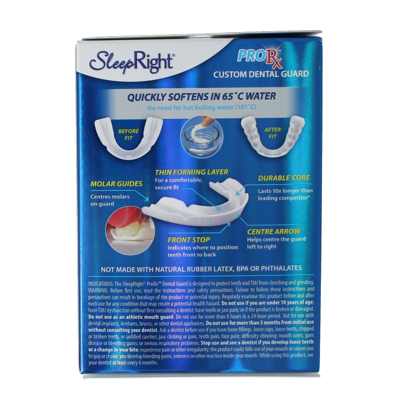 SleepRight Prorx mouthguard for nighttime teeth grinding, shown in white, designed for oral protection and comfort during sleep.
