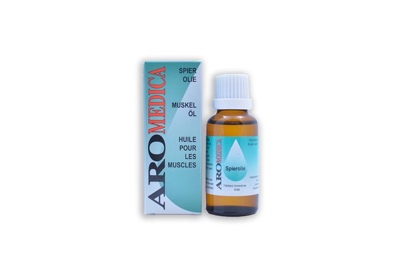 Aromedica Spierolie 30ml for muscle and joint care, featuring natural ingredients in a clear dropper bottle.