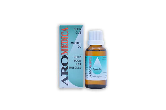 Aromedica Spierolie 30ml for muscle and joint care, featuring natural ingredients in a clear dropper bottle.