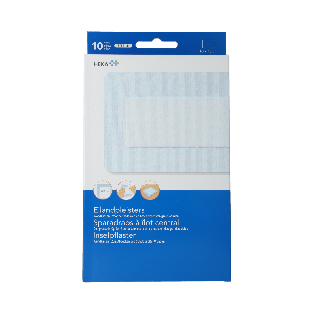 Sterile Hekaplast Eilandpleisters 10x15cm, pack of 10, for wound care and protection.