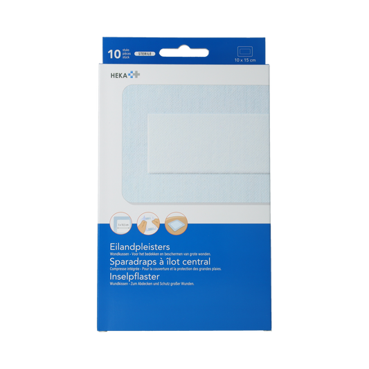 Sterile Hekaplast Eilandpleisters 10x15cm, pack of 10, for wound care and protection.