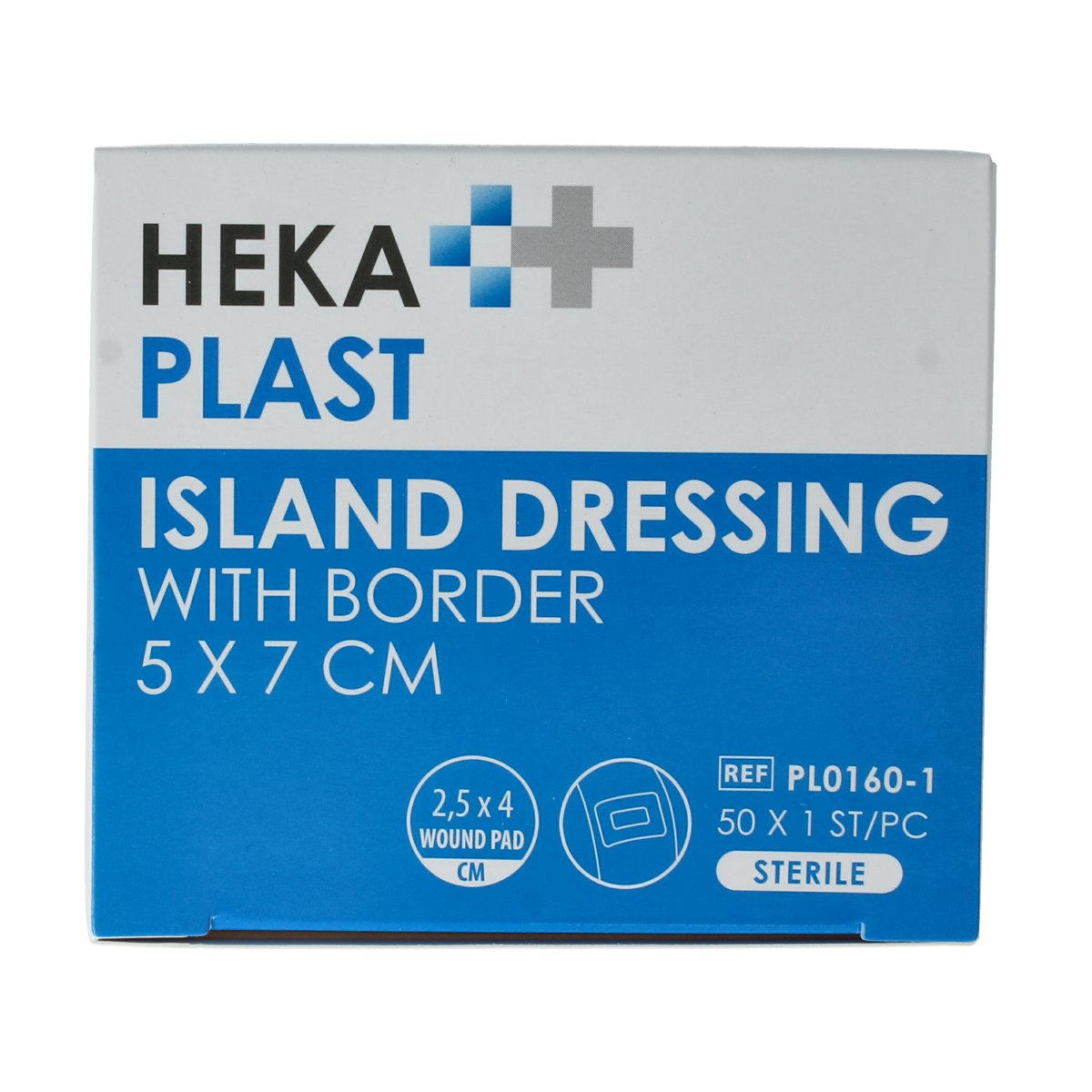 Hekaplast Border 5cm x 7cm island adhesive bandages, pack of 50, for wound care and protection.