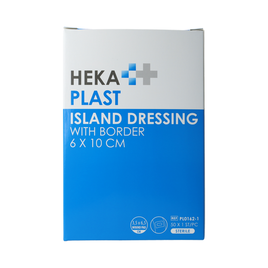 Hekaplast Border wound dressing, 6cm x 10cm island plaster, 50 pack, for wound care and healing.