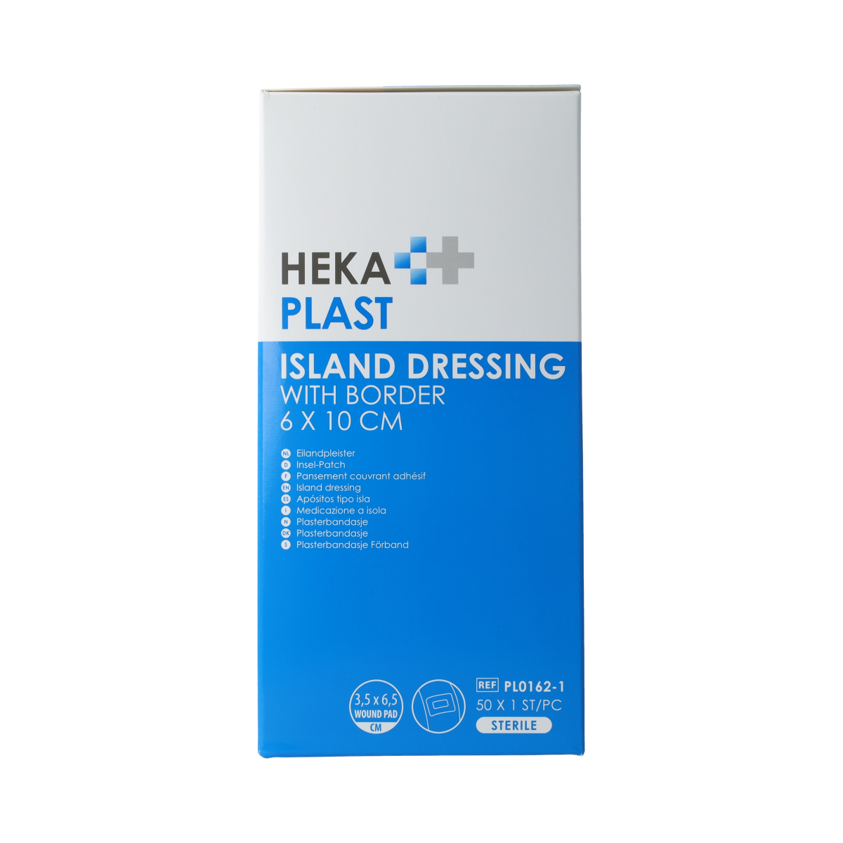 Hekaplast Border wound dressing, 6cm x 10cm island plaster, 50 pack, sterile wound care product with breathable adhesive border.
