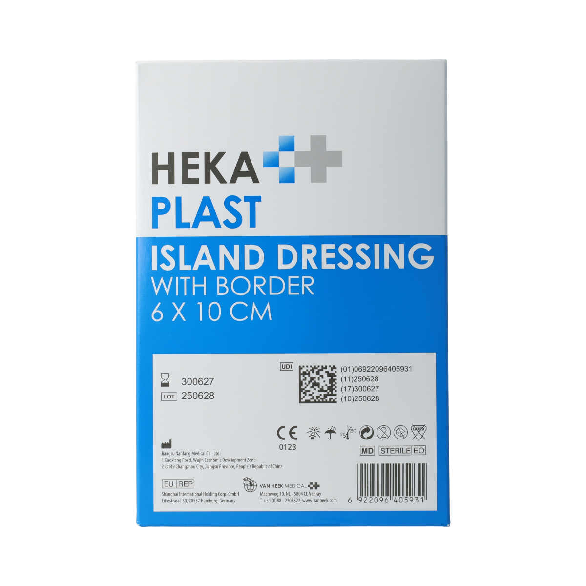 Hekaplast Border wound dressing on a white background, 6cm x 10cm island plaster, 50 pieces for wound care.