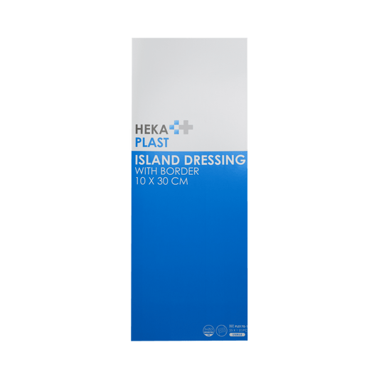 Hekaplast Border adhesive plasters, 10cm x 30cm, pack of 25, for wound covering and protection.