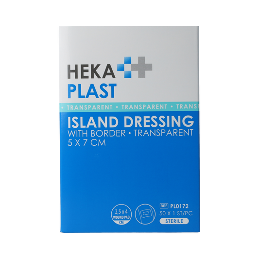 Box of 50 transparent Hekaplast Border adhesive plasters, 5cm x 7cm, for minor wounds and cuts.
