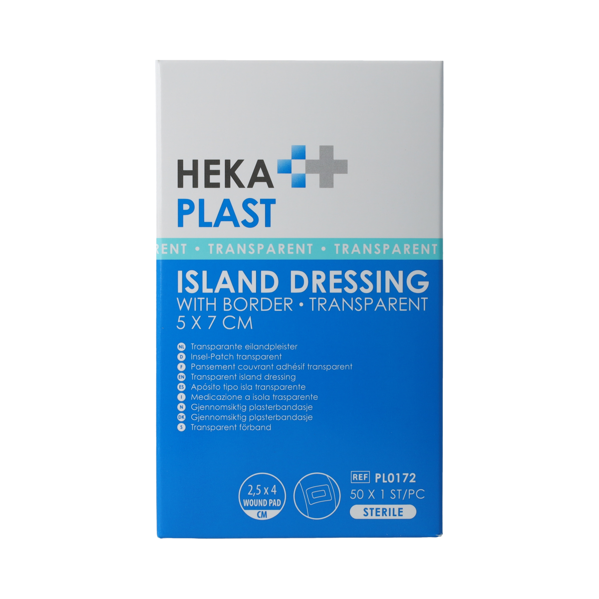 Hekaplast Border transparent adhesive bandages, 5cm x 7cm, shown in a box with 50 strips for wound care.