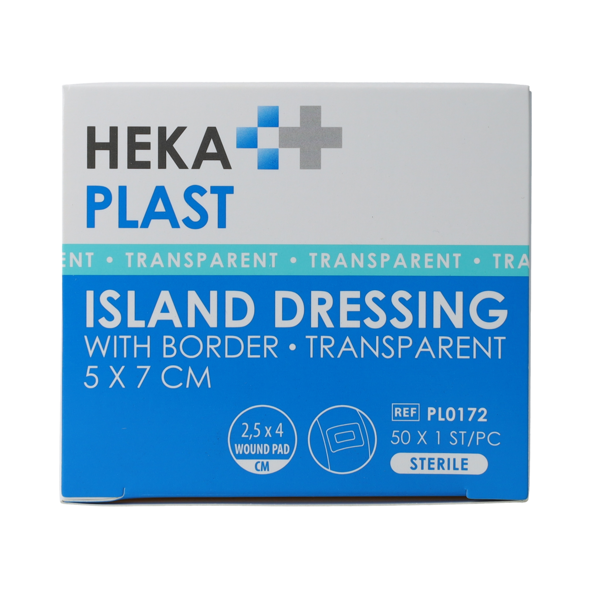Hekaplast Border transparent adhesive bandages, 5cm x 7cm, shown in a box with 50 pieces.