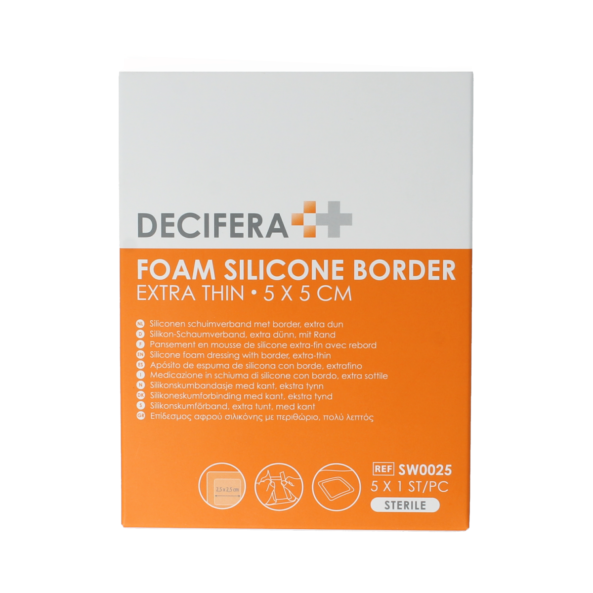 Decifera foam silicone border disinfectant pads, 5x5cm, 5-pack, for wound care, soft and flexible silicone material.