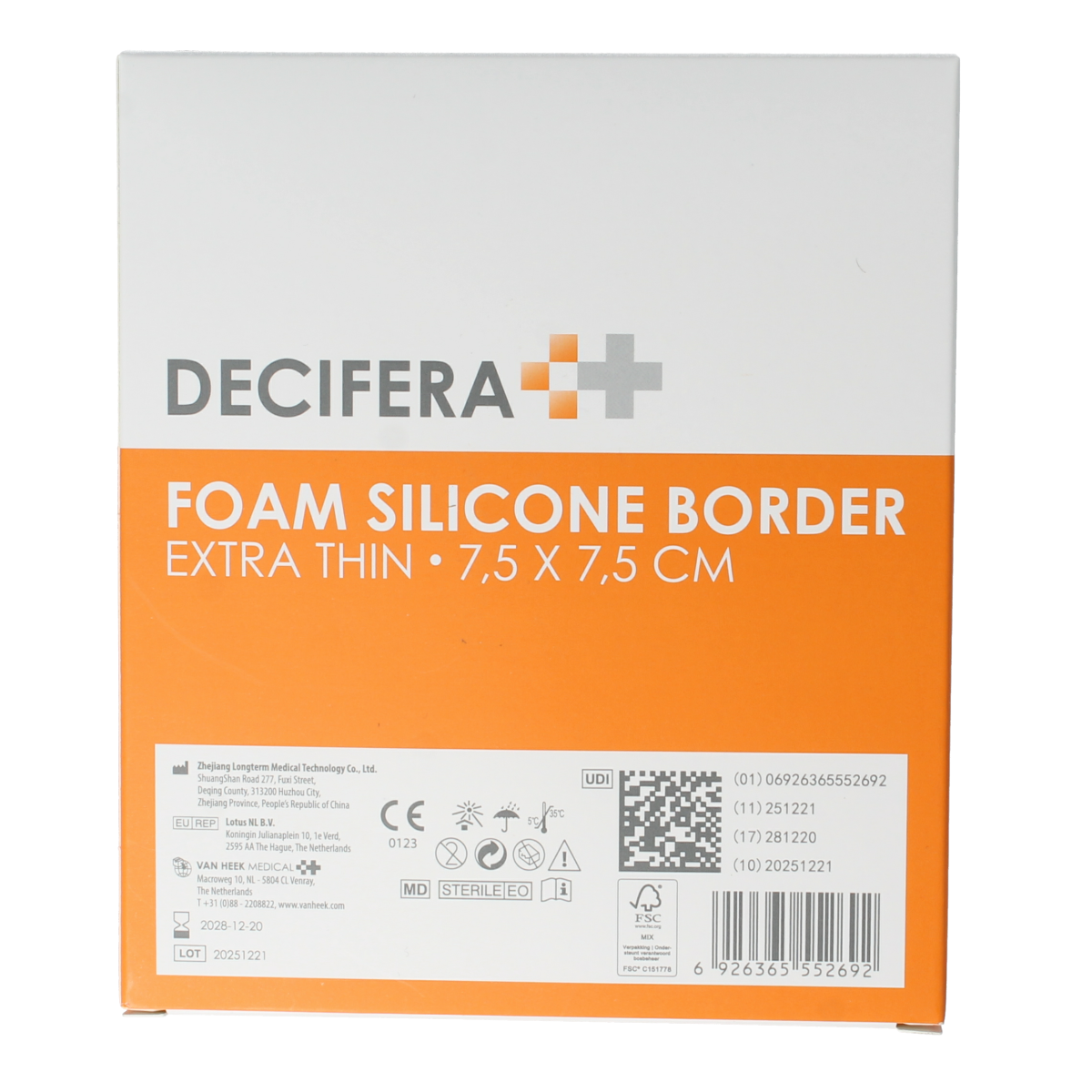 Decifera foam border bandages, 7.5x7.5cm, set of 5, for wound care and skin protection, from Decifera.