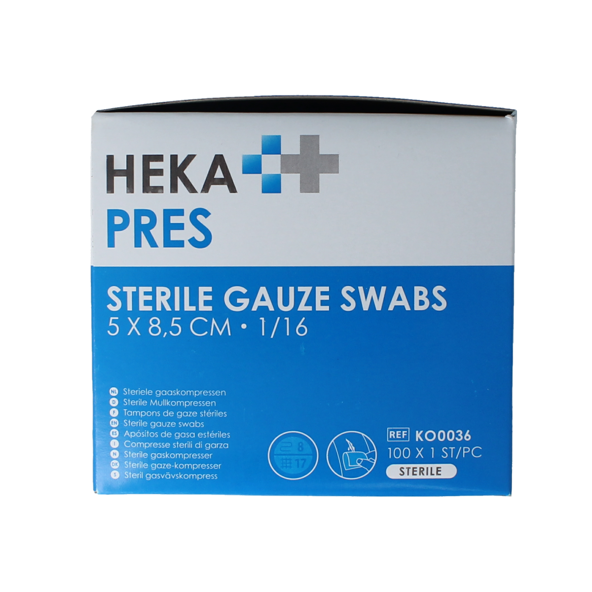 Hekapres Hydrofiel gauze compress 5x8.5cm, pack of 100, sterile medical gauze for wound care and dressing applications.