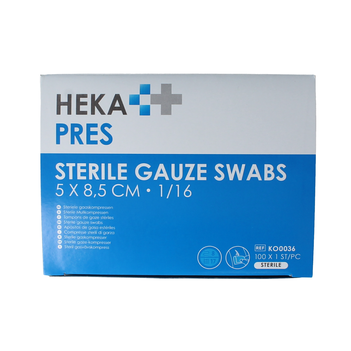 Hekapres Hydrofiel gaaskompres 5x8.5cm, pack of 100 sterile gauze pads for medical use, white and absorbent.