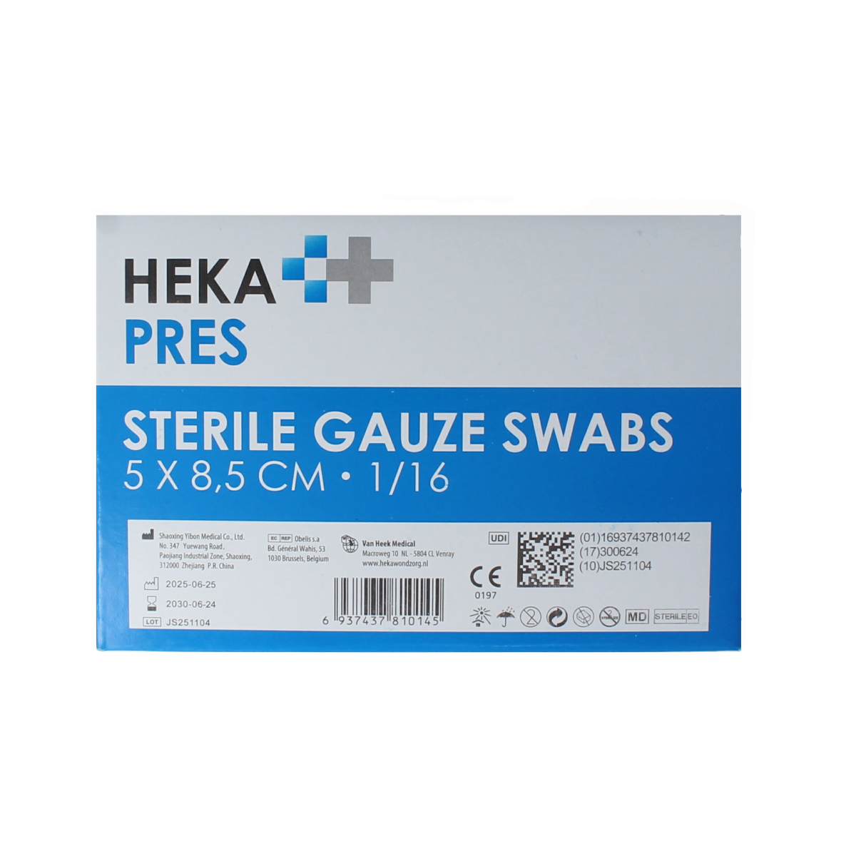 Hekapres Hydrofiel gauze compress 5x8.5cm, sterile medical gauze pack, 100 pieces for wound care.