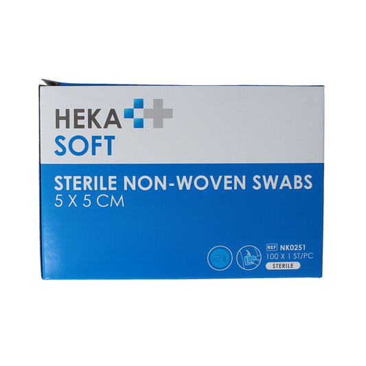 Sterile Heka Soft non-woven compress 5x5 cm, pack of 100 sterile medical gauze pads for wound care.