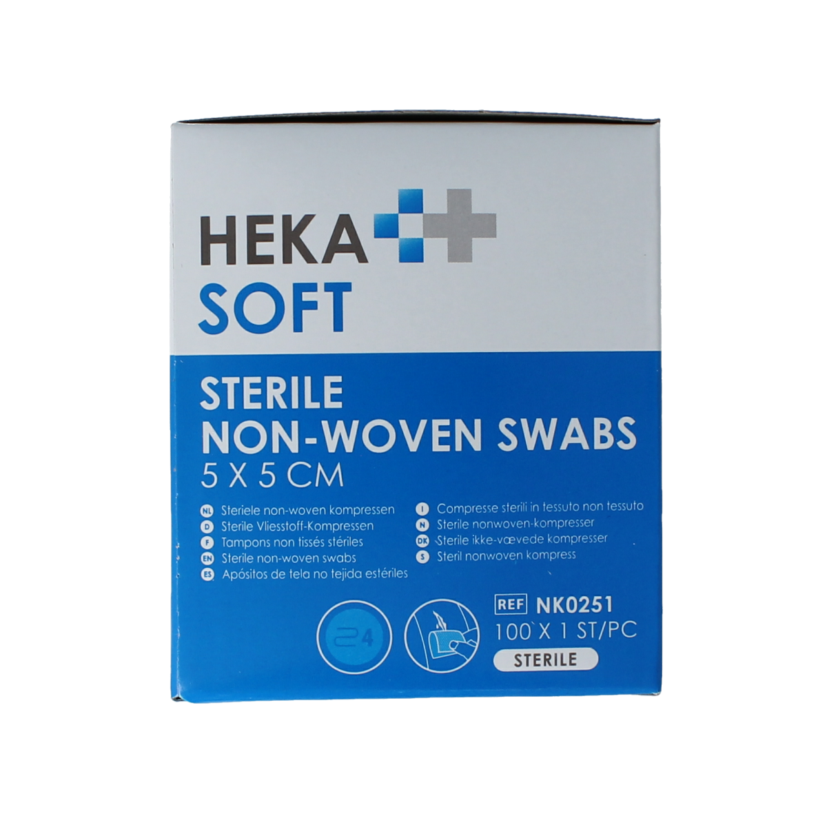 Sterile Heka Soft non-woven 5x5 cm compress pack with 100 sterile gauze pads for wound care, medical use, and first aid.