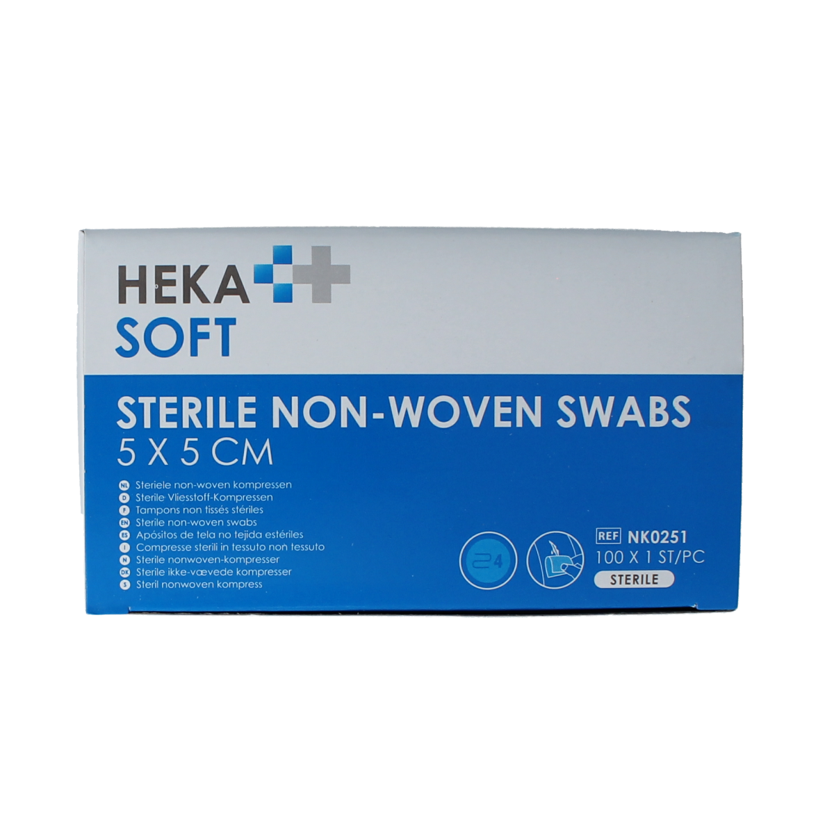 Heka Soft non-woven sterile compress 5x5 cm, pack of 100, used for wound dressing and medical care.