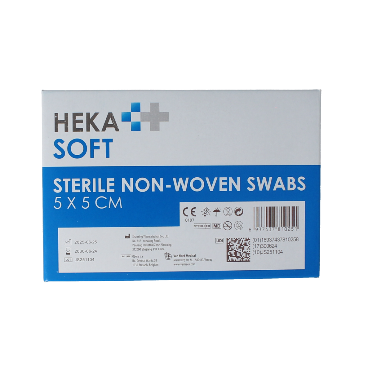 Sterile Heka Soft non-woven compression gauze 5x5 cm, pack of 100, used for wound care and medical dressing applications.